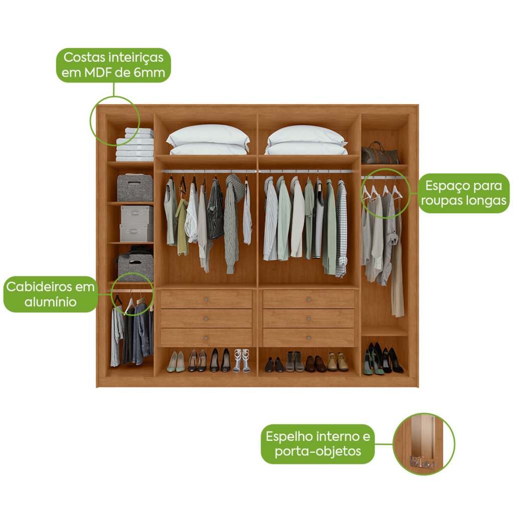 Roupeiro Imperatore Lopas  274cm 100% MDF 6 Portas com Puxador em Madeira Amêndoa Clean