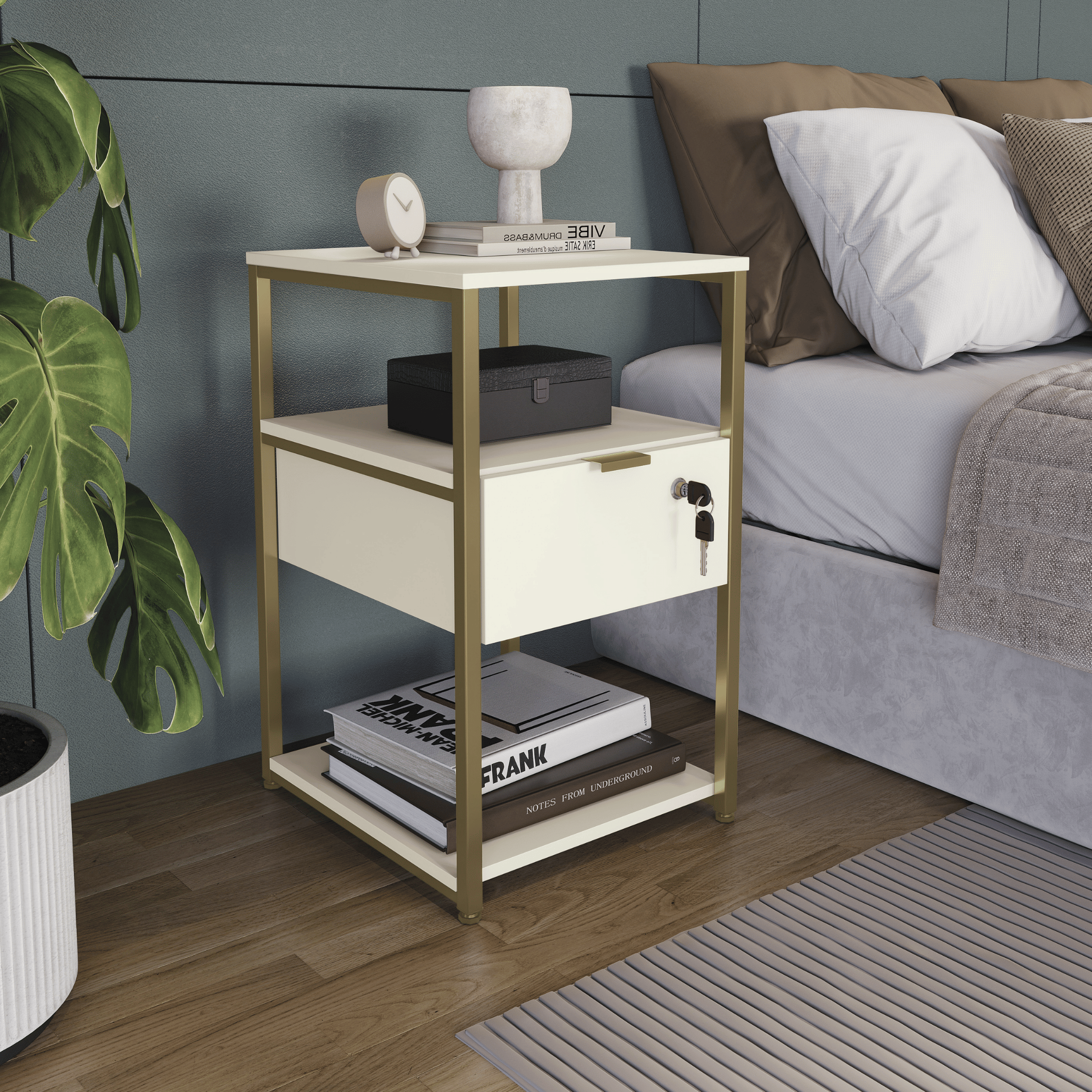 Mesa de Cabeceira Industrial Kappesberg LI046 Off White e Dourado