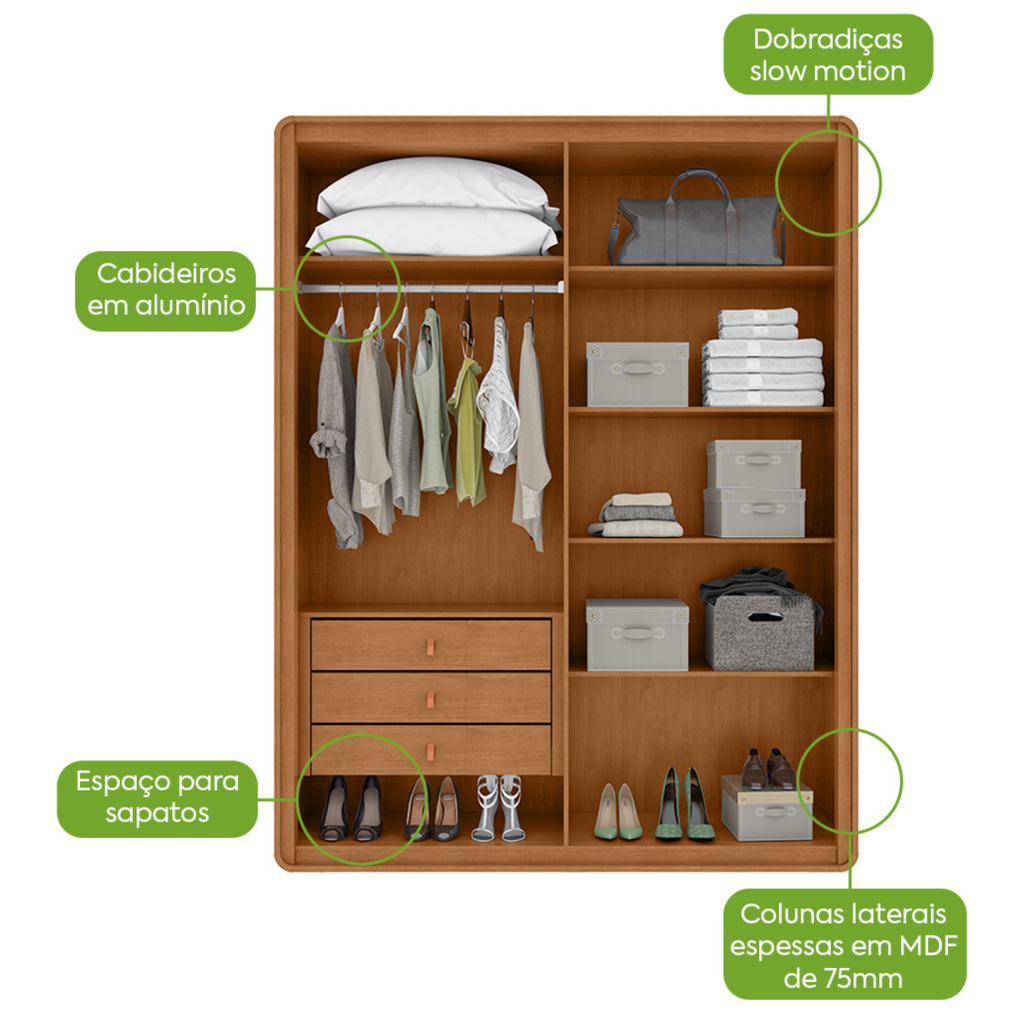 Roupeiro Loop Lopas 184cm 100% MDF 4 Portas Amêndoa Clean