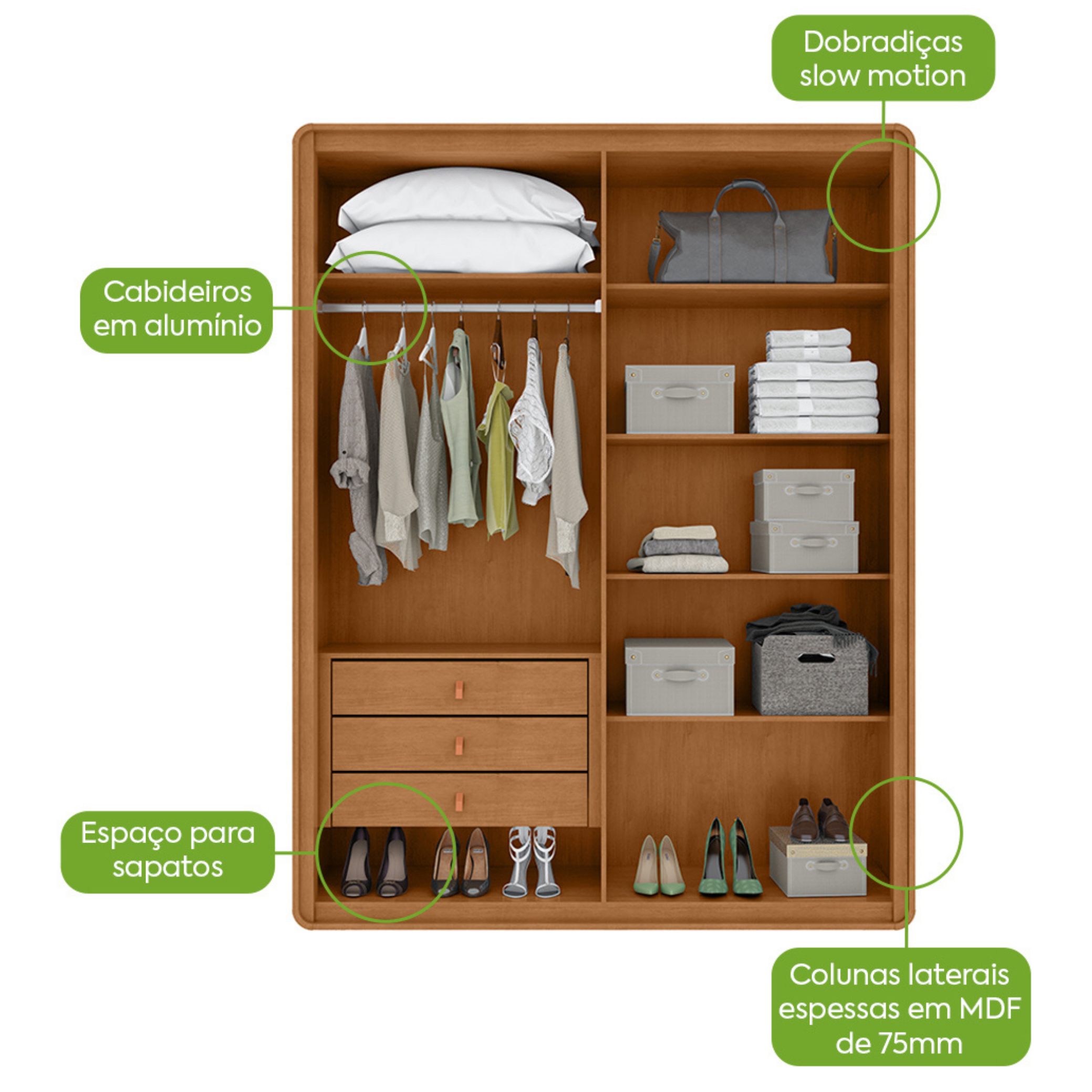 Roupeiro Loop Lopas 184cm 100% MDF 4 Portas Amêndoa Clean