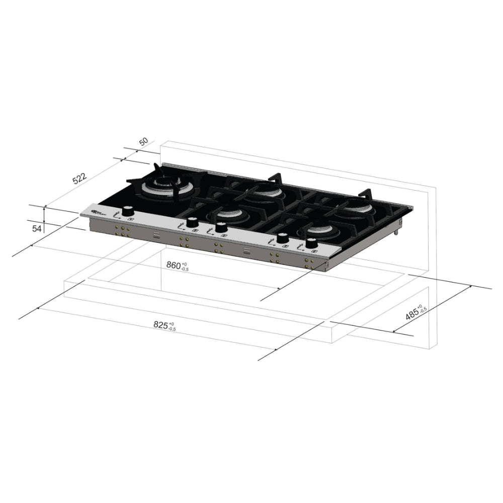 Cooktop à Gás Fischer 5 Bocas Platinium Tripla chama Trempe em Ferro Fundido 19784-23299 Vidro Preto Bivolt