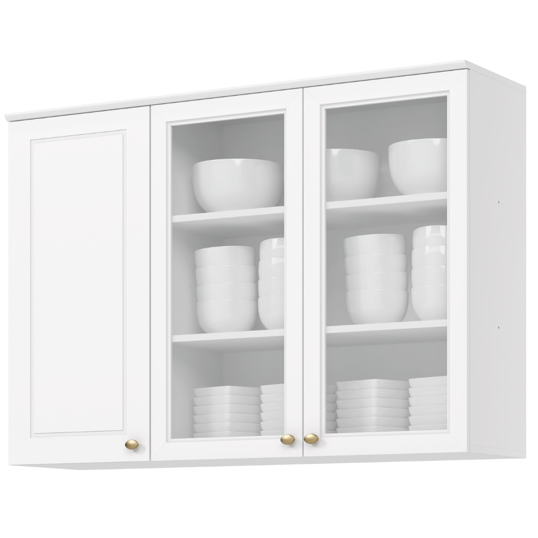 Armário Aéreo de Cozinha Americana Henn 100% MDF 3 Portas de Vidro 120cm Branco HP