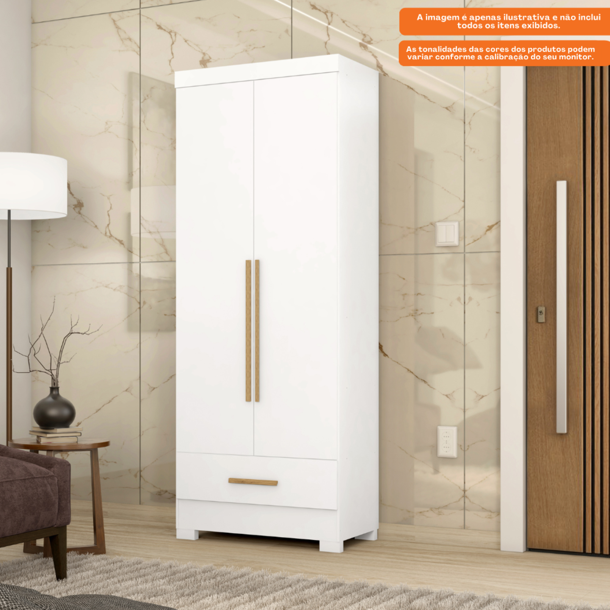Roupeiro Smart Plus Rodial 86cm 100% MDF 2 Portas e 1 Gaveta Branco