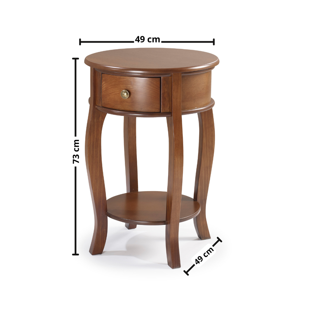 Mesa de Apoio Rústica Redonda Linz 49cm 1035 1 Gaveta 1 Prateleira 100% Madeira Maciça