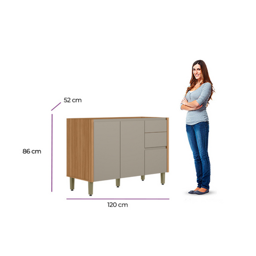 Armário Balcão de Cozinha Allure Linea 100% MDF 120cm 2 Portas 3 Gavetas Jequitibá e Gris