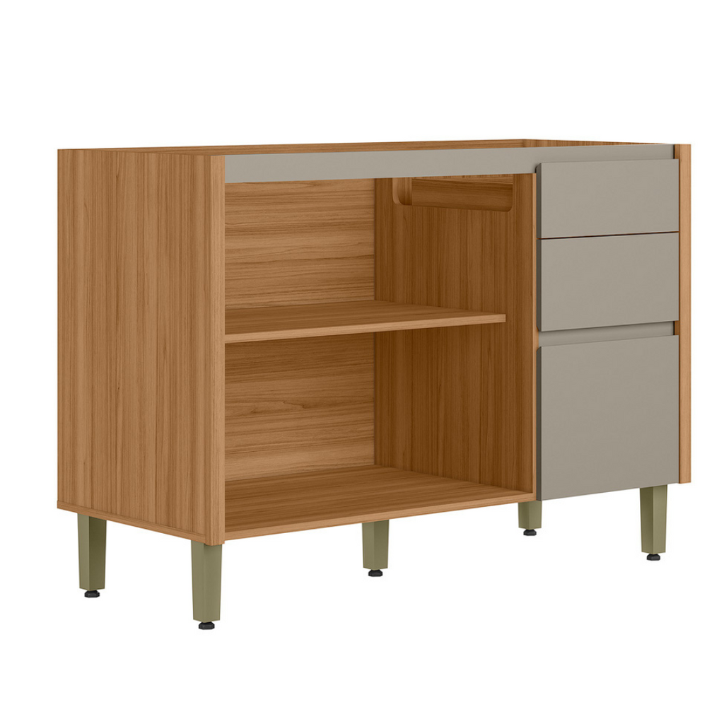 Armário Balcão de Cozinha Allure Linea 100% MDF 120cm 2 Portas 3 Gavetas Jequitibá e Gris