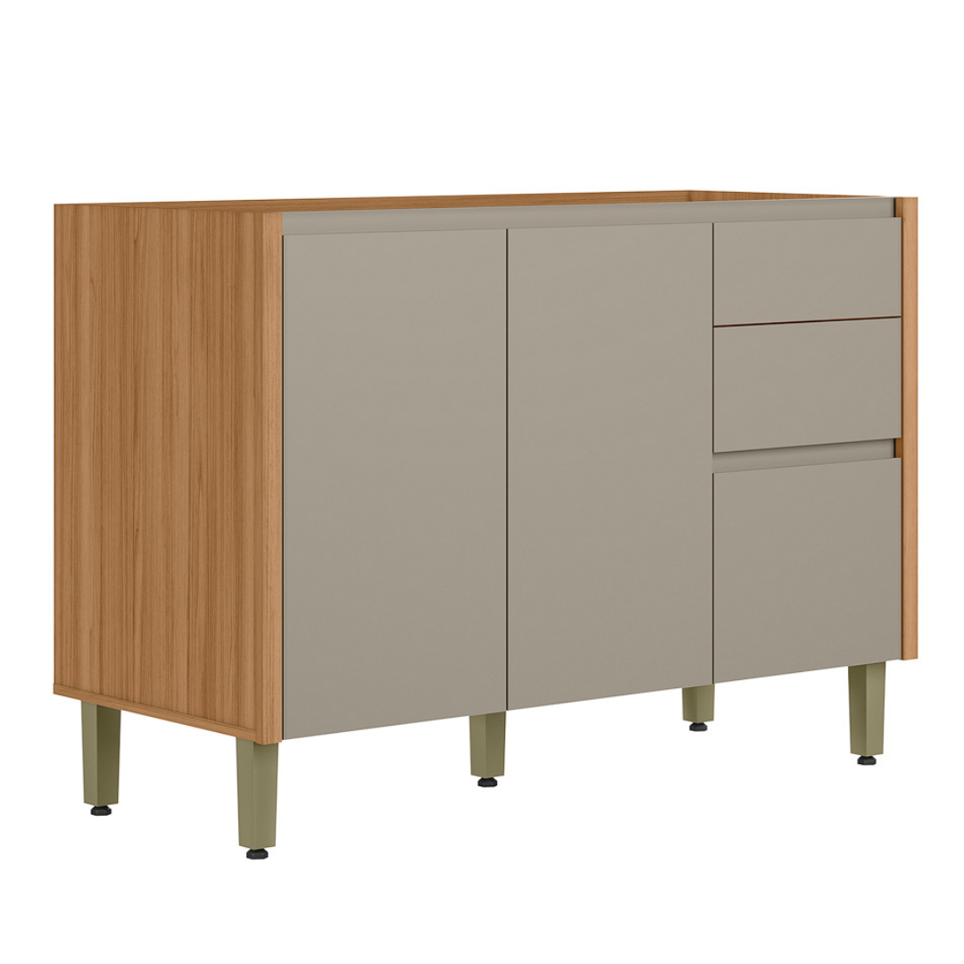 Armário Balcão de Cozinha Allure Linea 100% MDF 120cm 2 Portas 3 Gavetas Jequitibá e Gris