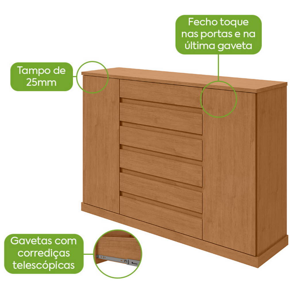 Cômoda Vedra 173cm Lopas 7 Gavetas 2 Portas Amêndoa Clean