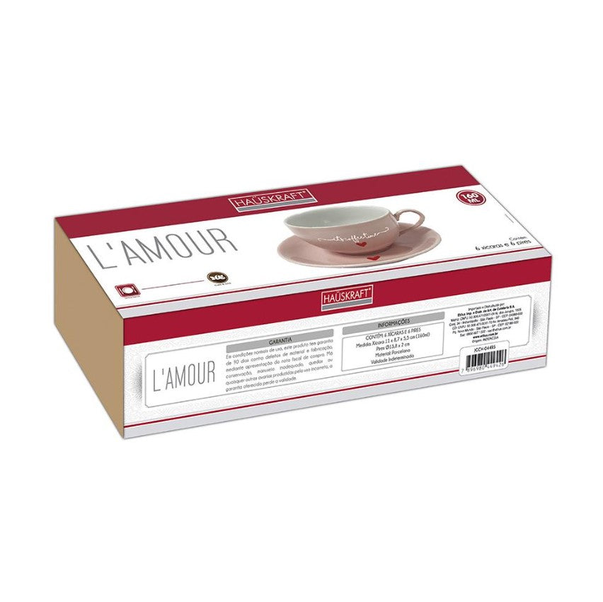 Jogo de Xícara Para Chá De Porcelana Com Pires  Etilux  L'amour 6 Peças  160 ml Rosa