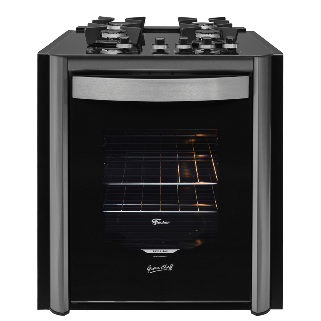 Fogão 4 Bocas Fischer de Embutir Gran Cheff Mesa de Vidro com Dourador 32750 Preto e Silver 220V