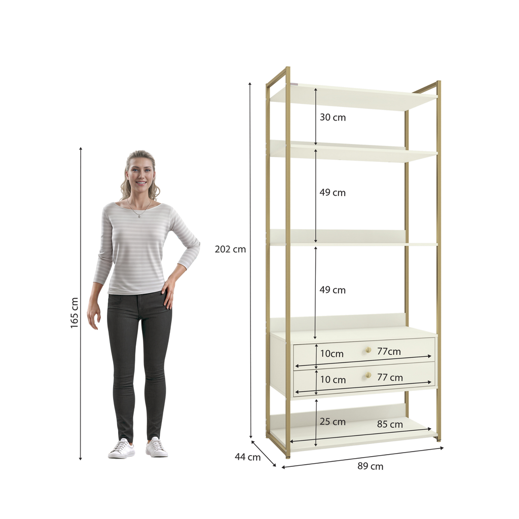 Armário Industrial Closet LI049 Kappesberg 89cm 5 Prateleiras 2 Gavetas Off White e Dourado