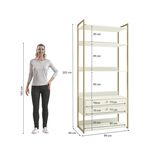Armário Industrial Closet LI049 Kappesberg 89cm 5 Prateleiras 2 Gavetas Off White e Dourado