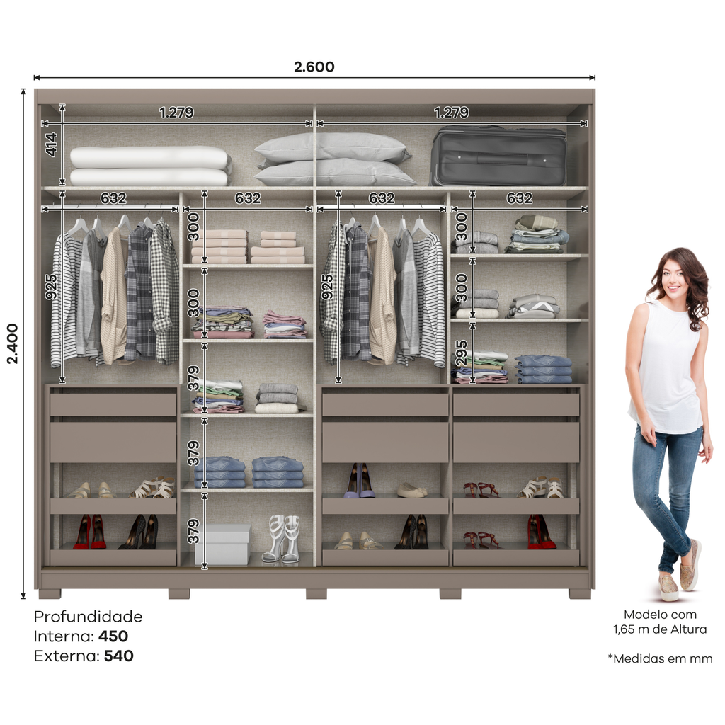 Roupeiro Dream Henn 264cm 100% MDF Espelho 2 Portas Avelã e Off White