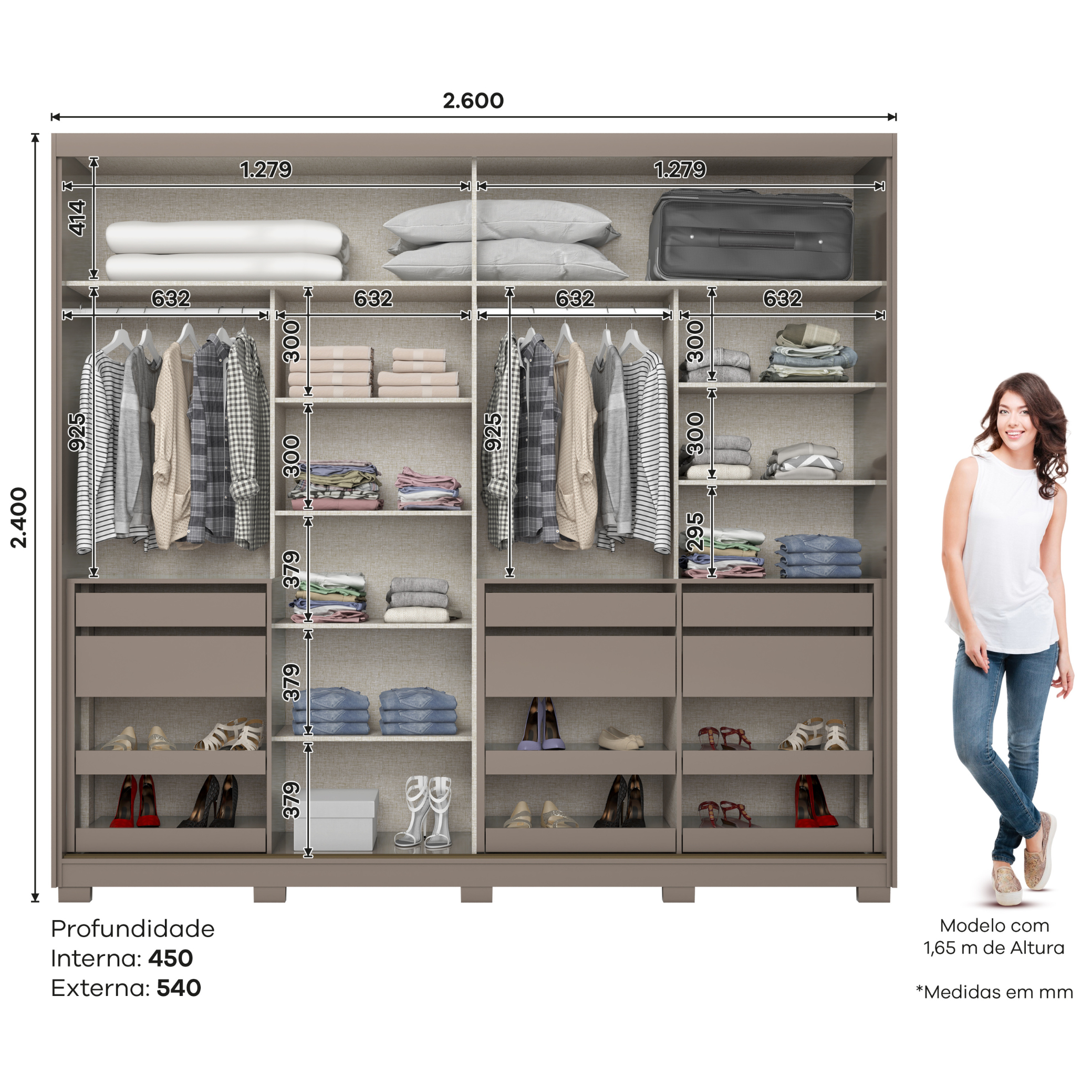 Roupeiro Dream Henn 264cm 100% MDF Espelho 2 Portas Avelã e Off White