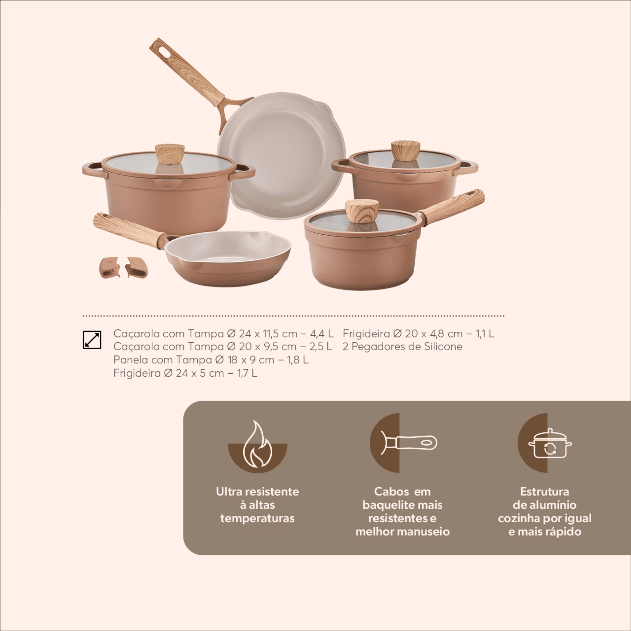 Jogo de Panelas Ceramic Life Brinox 5 Peças Indução Duna Terracota