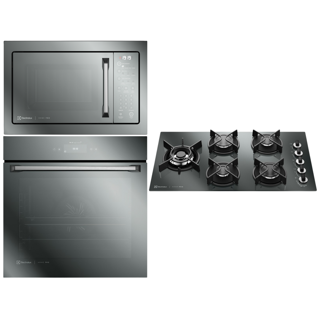 Kit Electrolux de Embutir Home Pro Forno Elétrico 80L + Micro-ondas 34L + Cooktop 5 Bocas Espelhado 220V