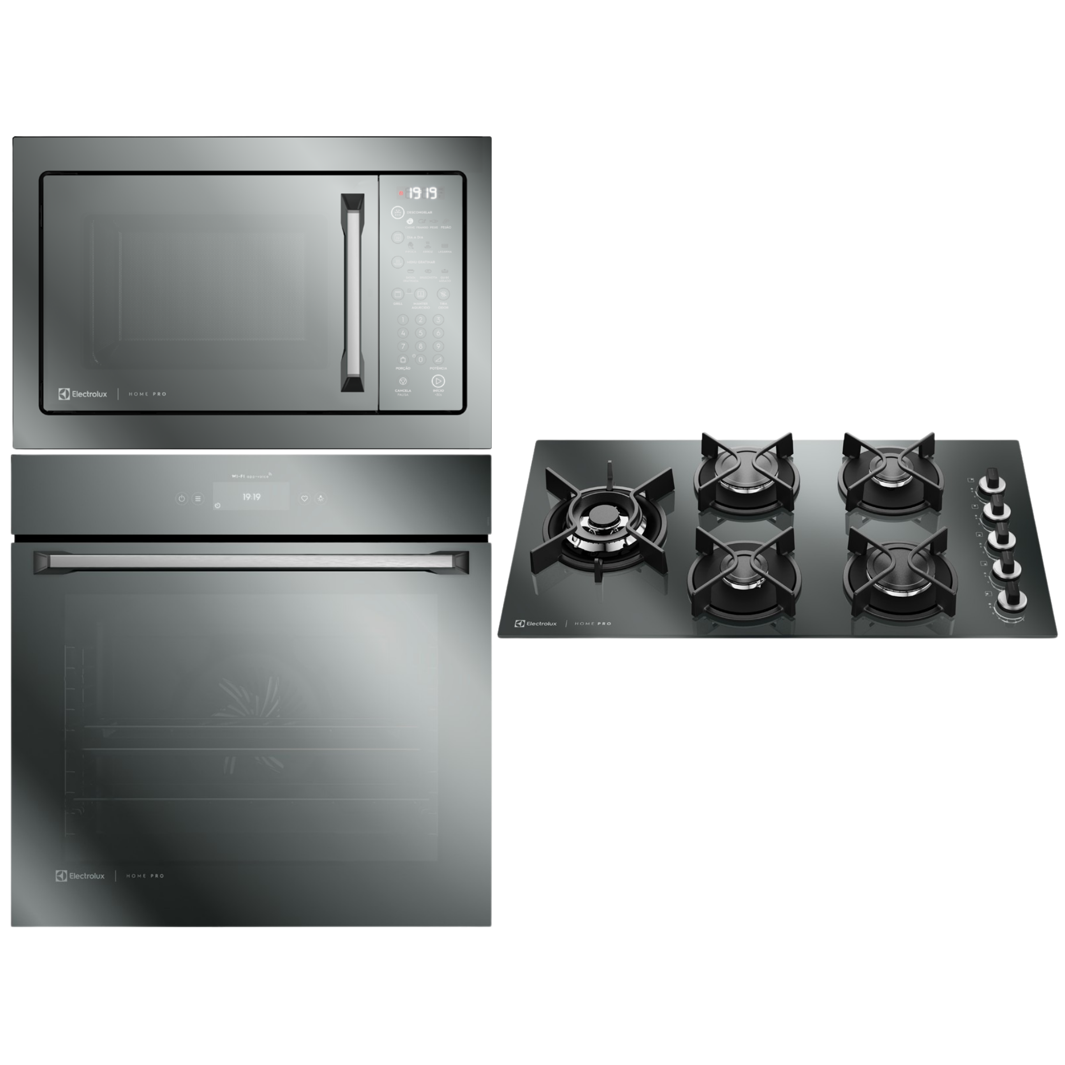 Kit Electrolux de Embutir Home Pro Forno Elétrico 80L + Micro-ondas 34L + Cooktop 5 Bocas Espelhado 220V