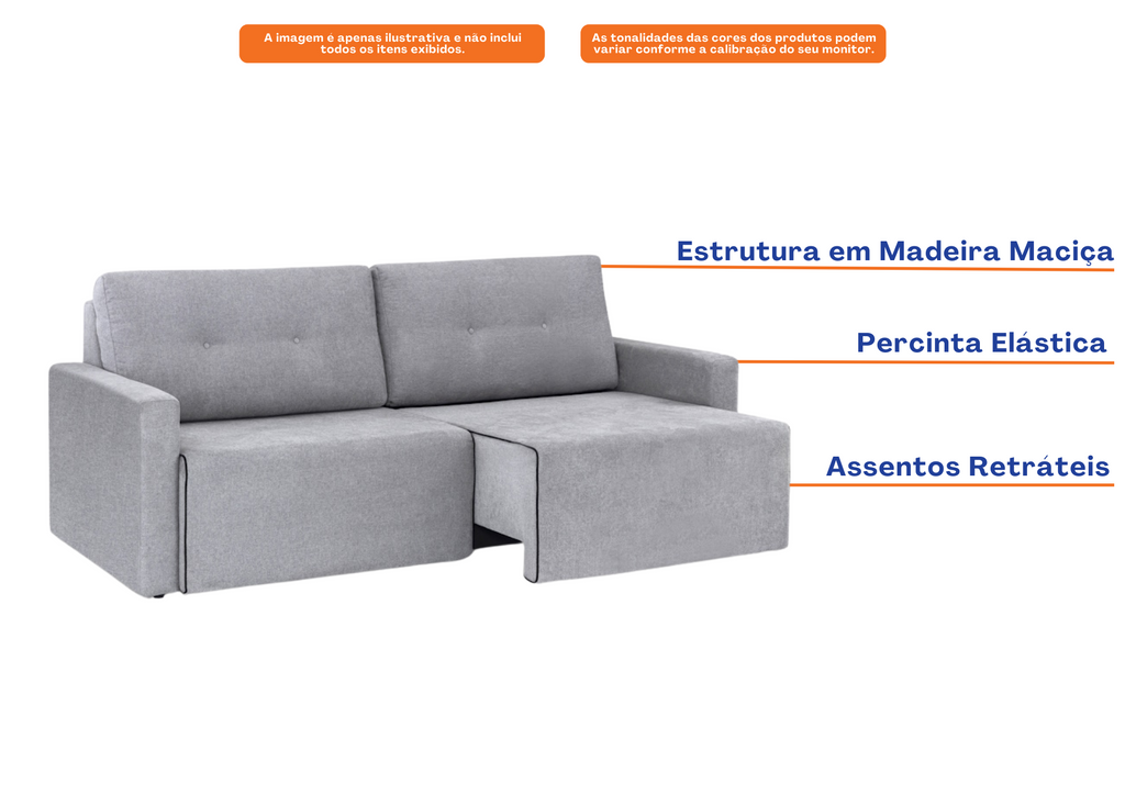 Sofá MH4253 200cm Herval 2 assentos Retráteis Linho Cinza