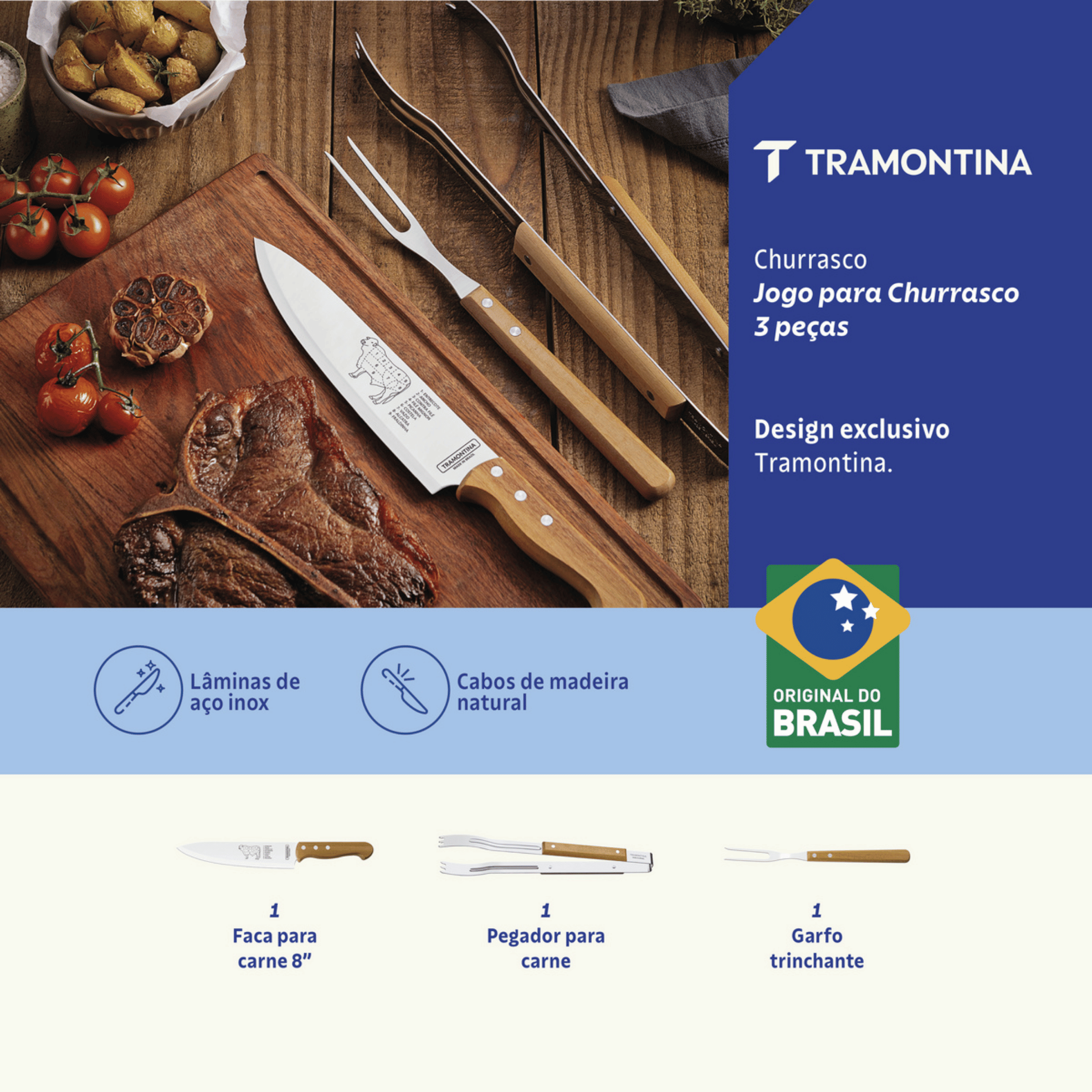 Jogo para Churrasco Tramontina 3 Peças Cabos em Madeira Natural