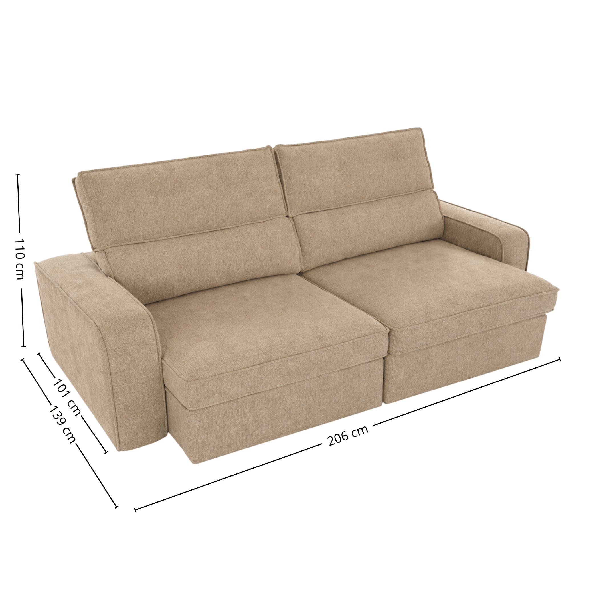 Sofá Perseu 206cm Matielo 2 Assentos Retráteis com Encostos Reclináveis Linho Cappuccino