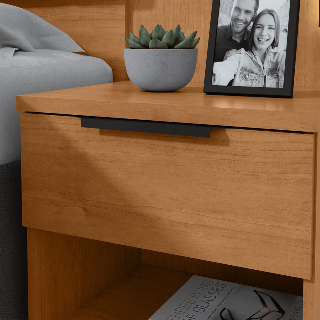 Cabeceira Calitan Queen Lopas 158cm com Mesas Laterais e Led Amendoa/Off White