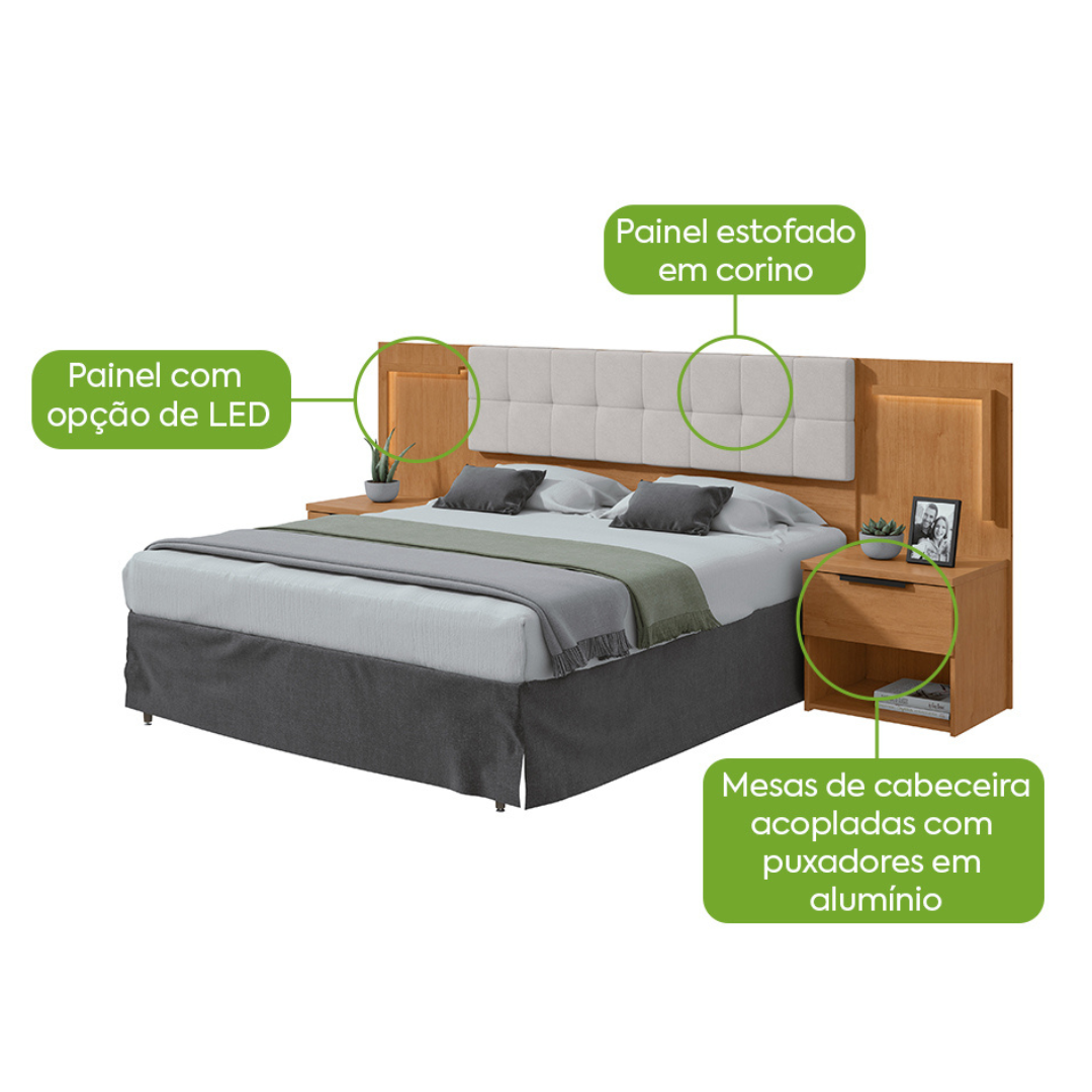Cabeceira Calitan Queen Lopas 158cm com Mesas Laterais e Led Amendoa/Off White