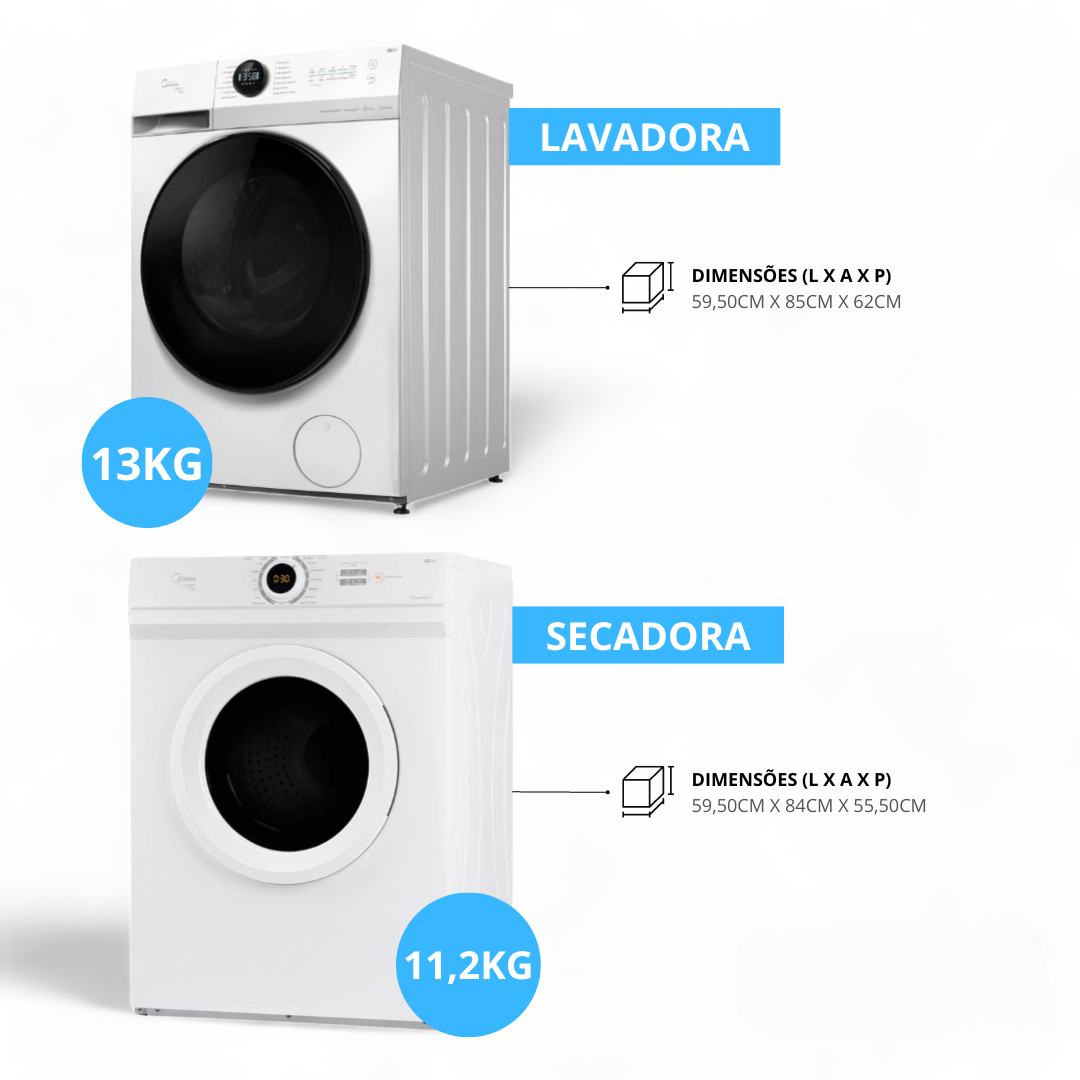 Conjunto Midea HealthGuard Lavadora de Roupas 13KG Inverter + Secadora 11,2KG 220V