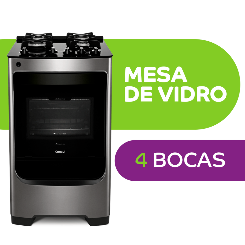 Fogão 4 Bocas Consul CFO4V Piso Mesa Vidro Inox Bivolt