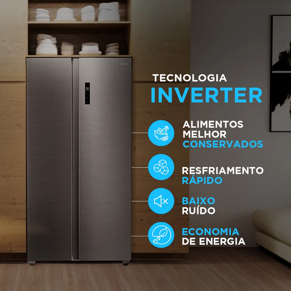 Refrigerador Midea 511L Side By Side Inverter Smart Inox 220V