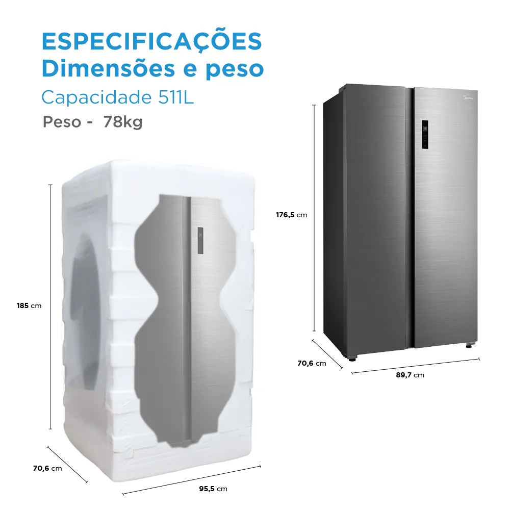 Refrigerador Midea 511L Side By Side Inverter Smart Inox 220V