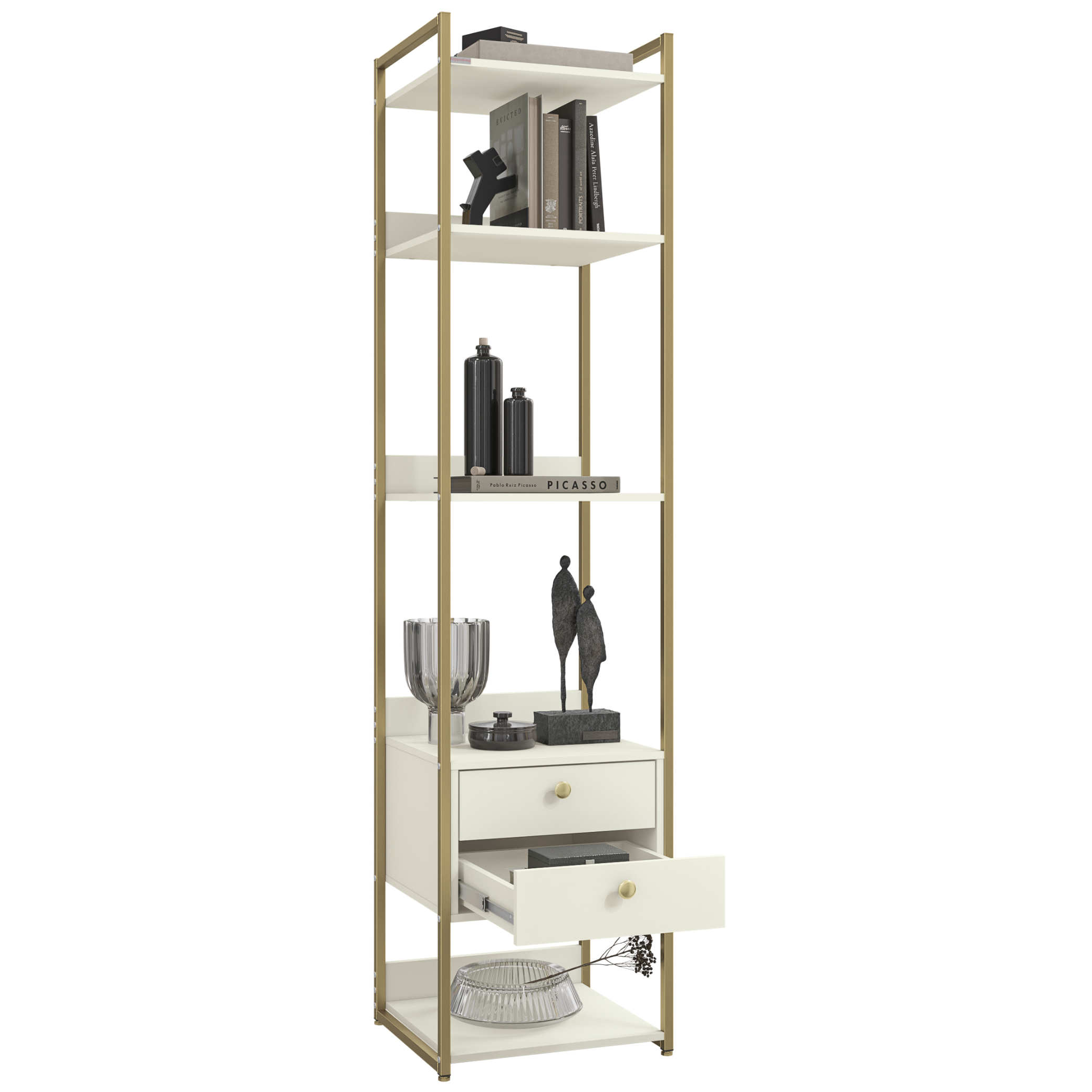 Armário Industrial Closet LI050 Kappesberg 48cm 5 Prateleiras 2 Gavetas Off White e Dourado