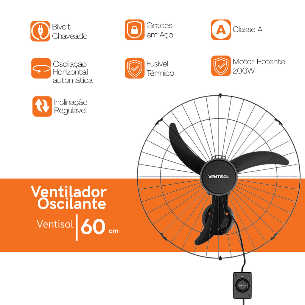 Ventilador de Parede Oscilante Ventisol 60cm 200W Preto