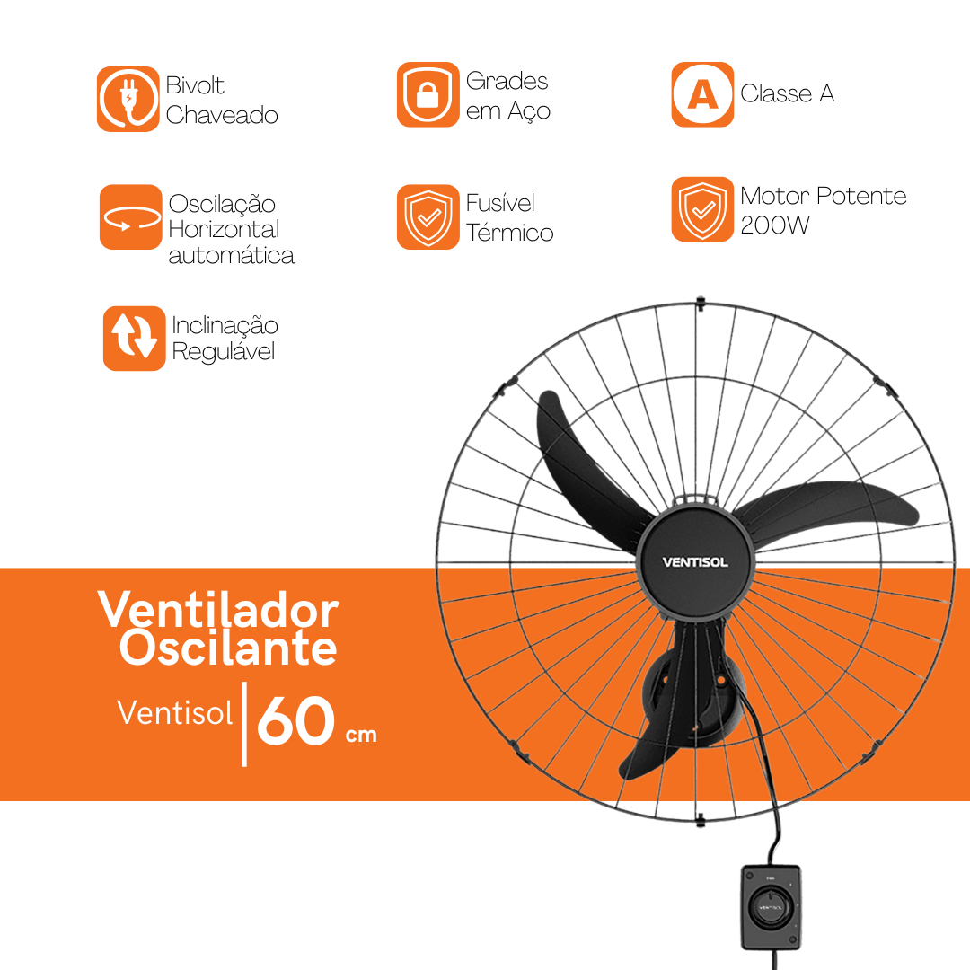 Ventilador de Parede Oscilante Ventisol 60cm 200W Preto