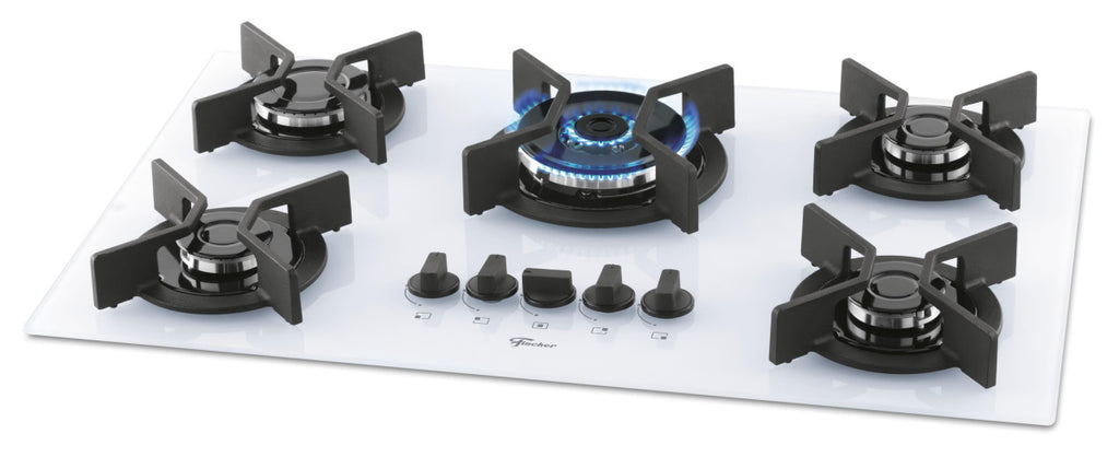 Cooktop à Gás Fischer 5 Bocas Infinity Tripla Chama 26298-62470 Grades em Ferro Fundido Vidro Branco Bivolt