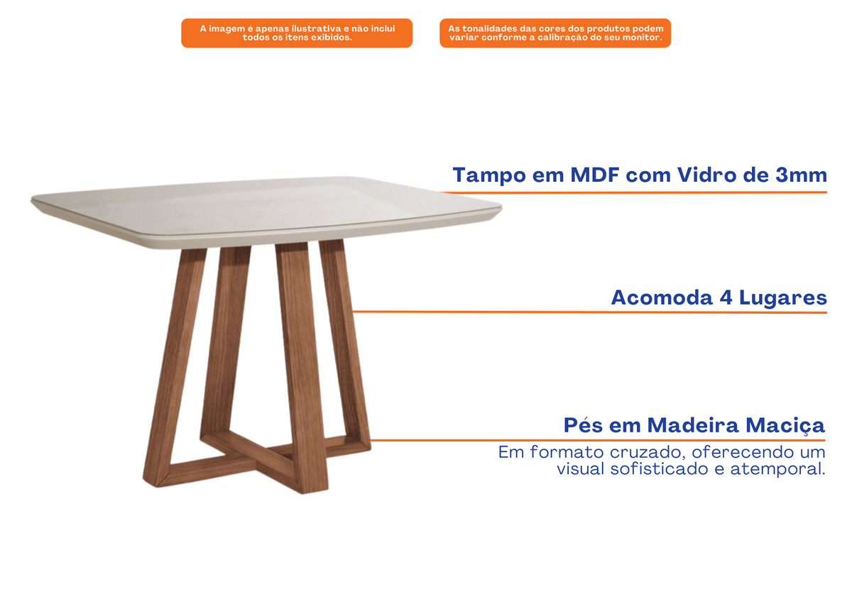 Mesa Retangular Bennett Província 115x90cm Natural Tampo com Vidro Off White