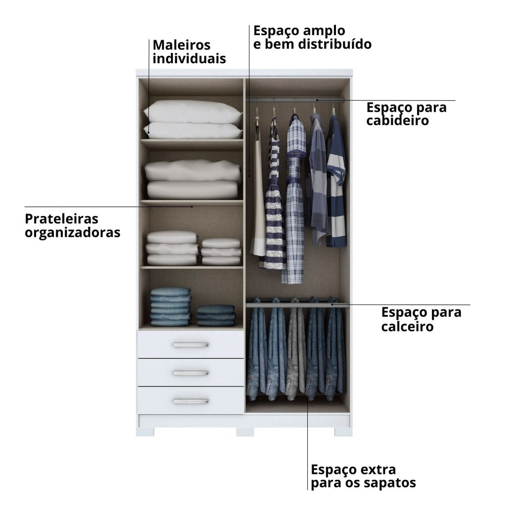 Roupeiro Caju Henn 121cm 4 Portas 3 Gavetas com Pé Branco
