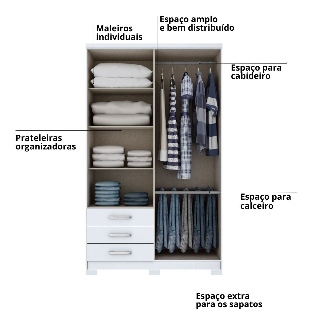 Roupeiro Caju Henn 121cm 4 Portas 3 Gavetas com Pé Branco