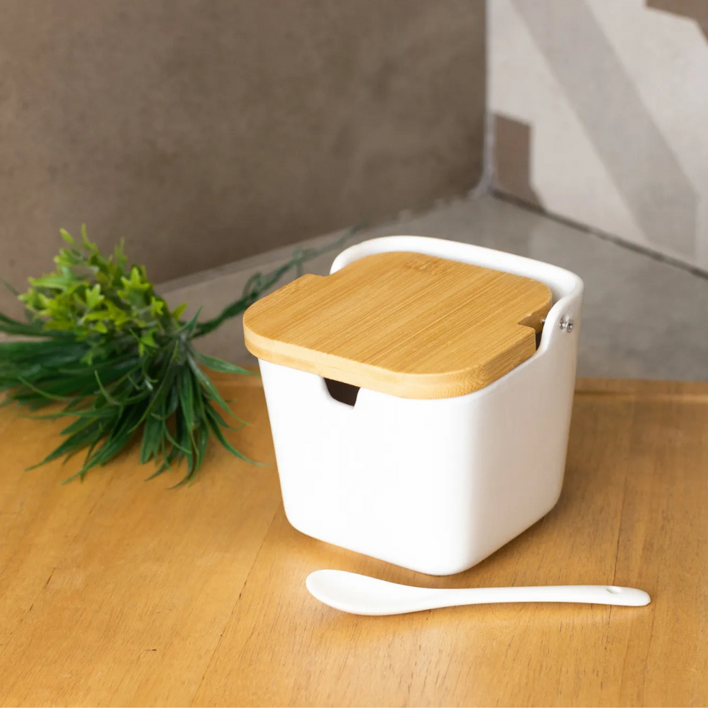 Saleiro de Mesa de Cerâmica Coliseu com Tampa de Bambu e Colher