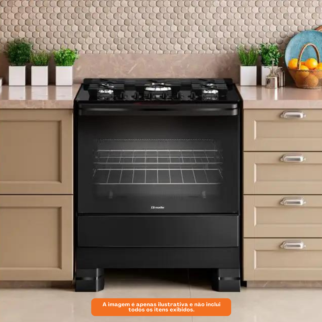 Fogão 5 bocas Mueller MFV5BF com Mesa de Vidro e Grades de Ferro Fundido Preto 220V