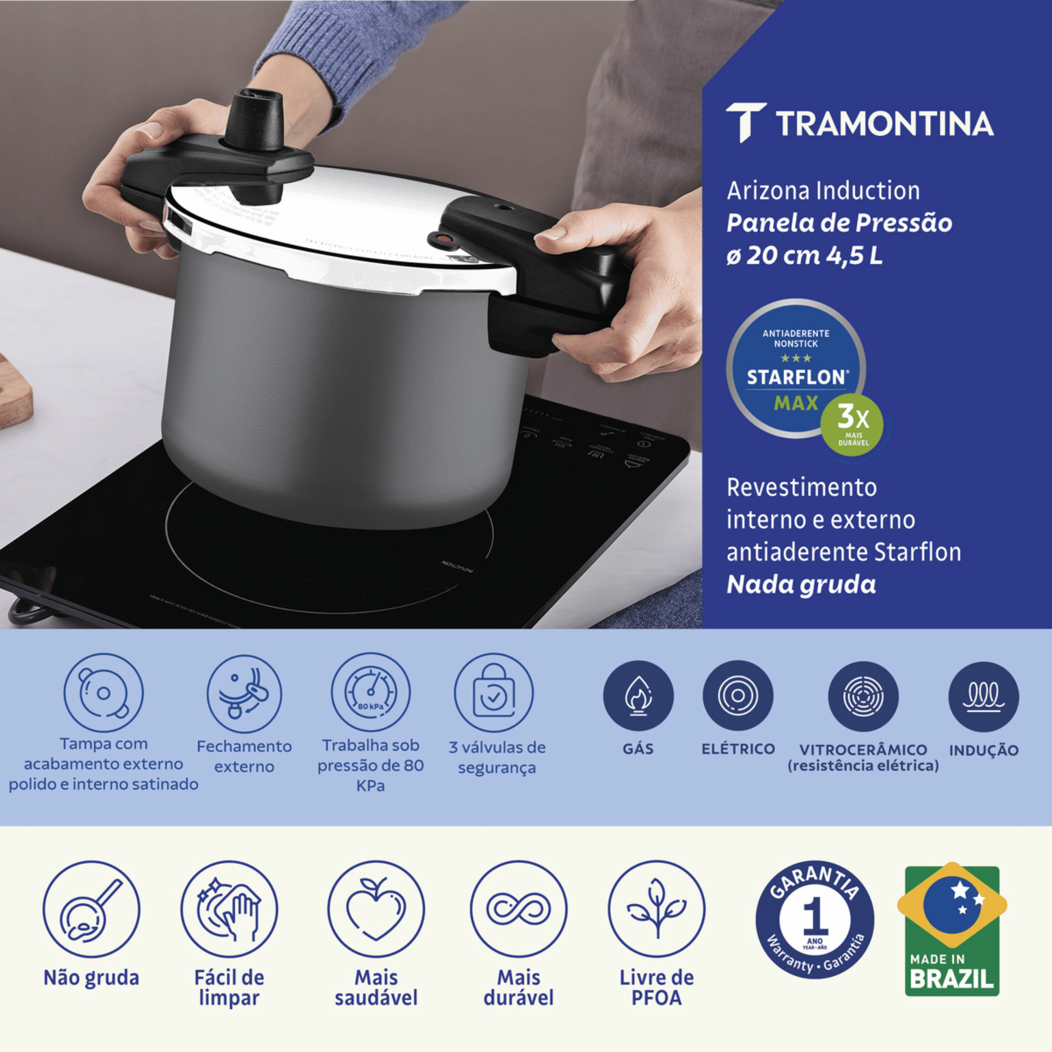 Panela de Pressão Tramontina 4,5L Arizona Indução Antiaderente Starflon Max Titanio