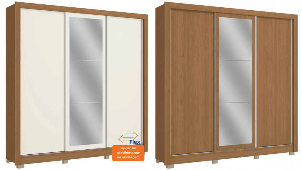 Roupeiro CB07M570 Kappesberg 223cm 3 Portas Flex com Espelho Canela e Off White