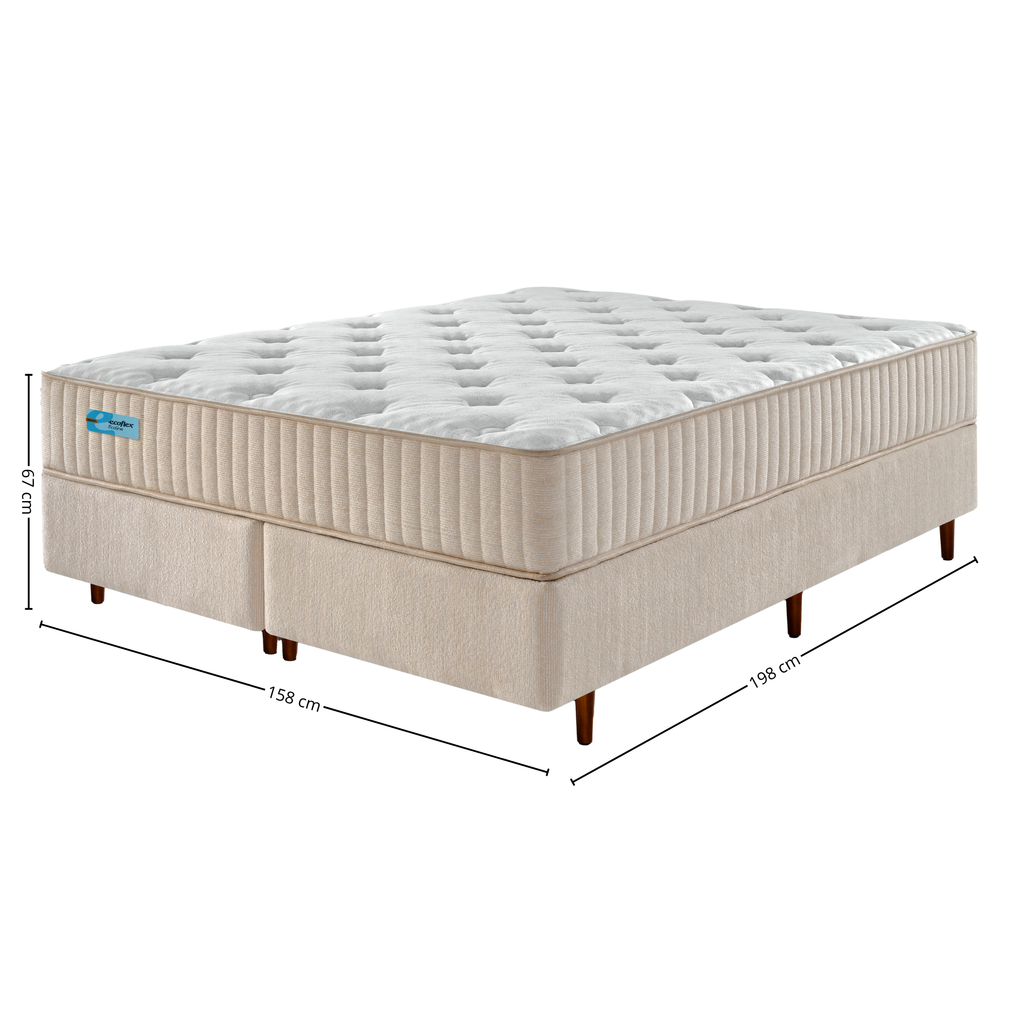 Conjunto Cama Box Maze Queen Ecoflex 158x198x67cm Espuma Spring Foam Boucle Bege