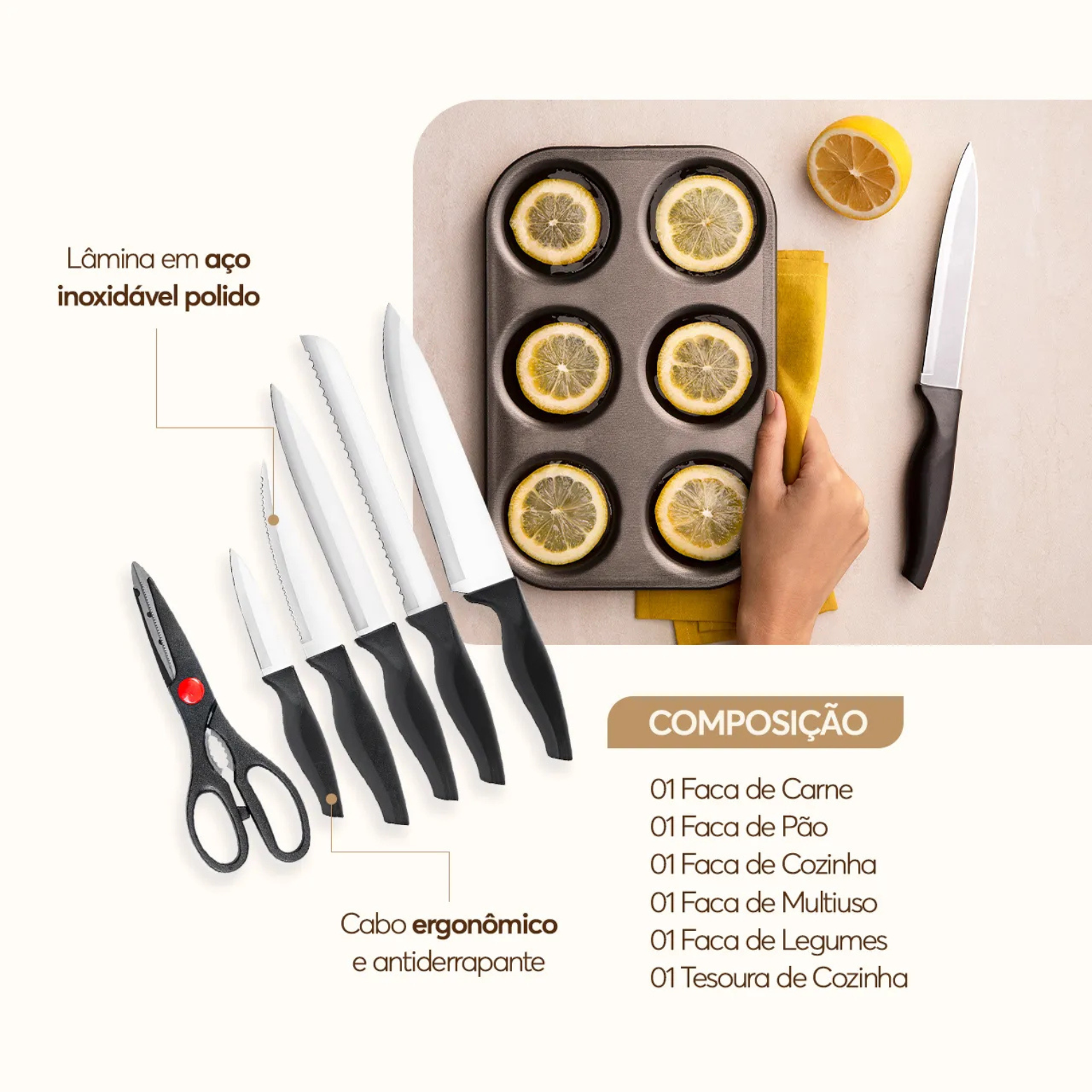Jogo de Facas Sortidas 6 Peças Brinox Cross Aço Inox