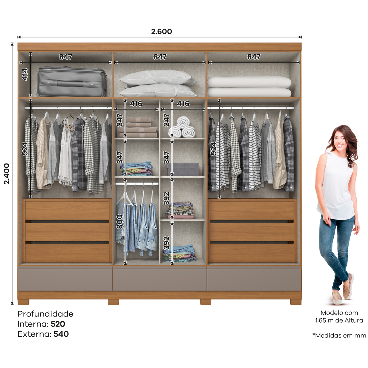 Roupeiro Imperial Henn 100% MDF 260cm 6 Portas 3 Gavetas Cinamomo e Avelã