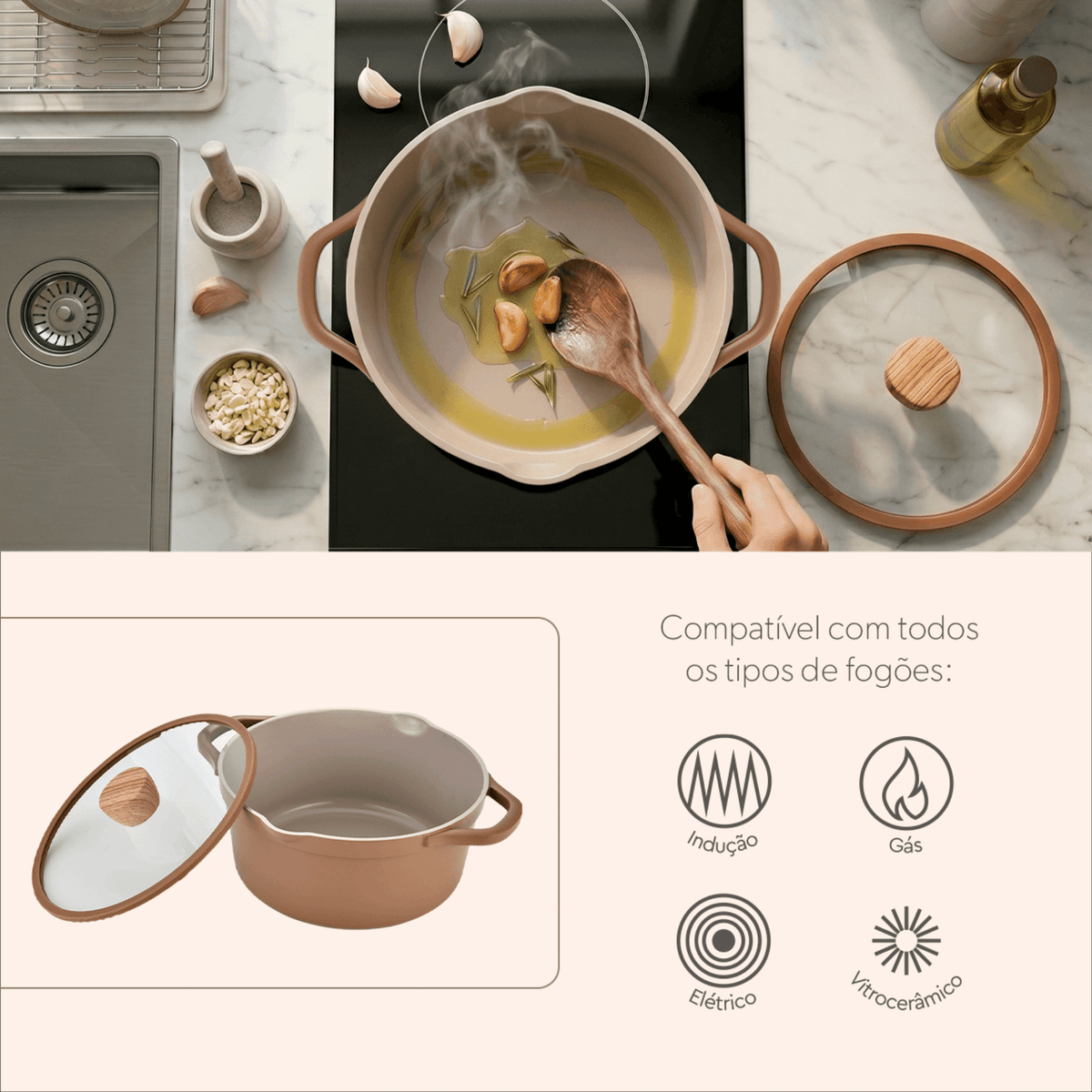 Jogo de Panelas Ceramic Life Brinox 5 Peças Indução Duna Terracota