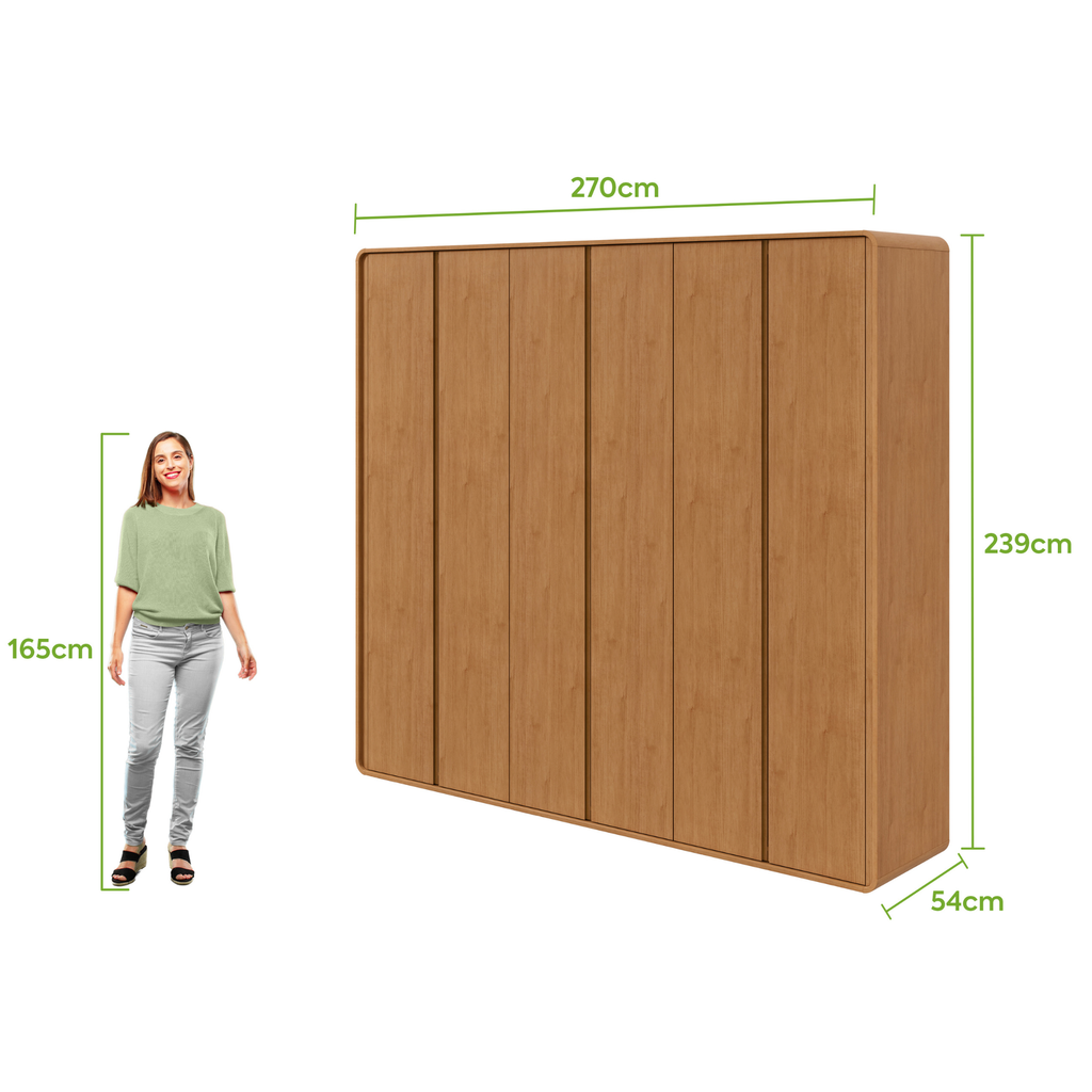 Roupeiro Loop Lopas 270cm 100% MDF 6 Portas  Amêndoa Clean