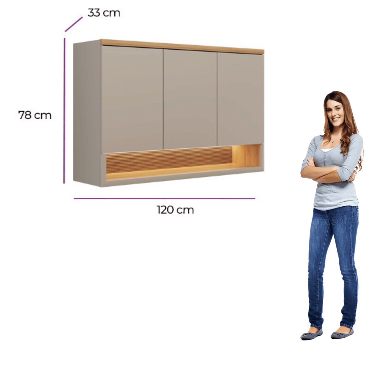 Armário Aéreo de Cozinha Allure Linea 100% MDF 3 Portas 1 Nicho 120cm com Led Jequitiba e Gris