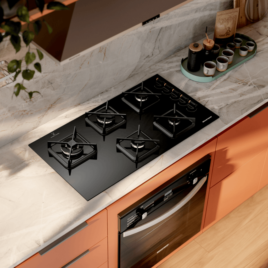 Cooktop à Gás Brastemp 5 Bocas BDS85AE Grades em Ferro Fundido Vidro Preto Bivolt