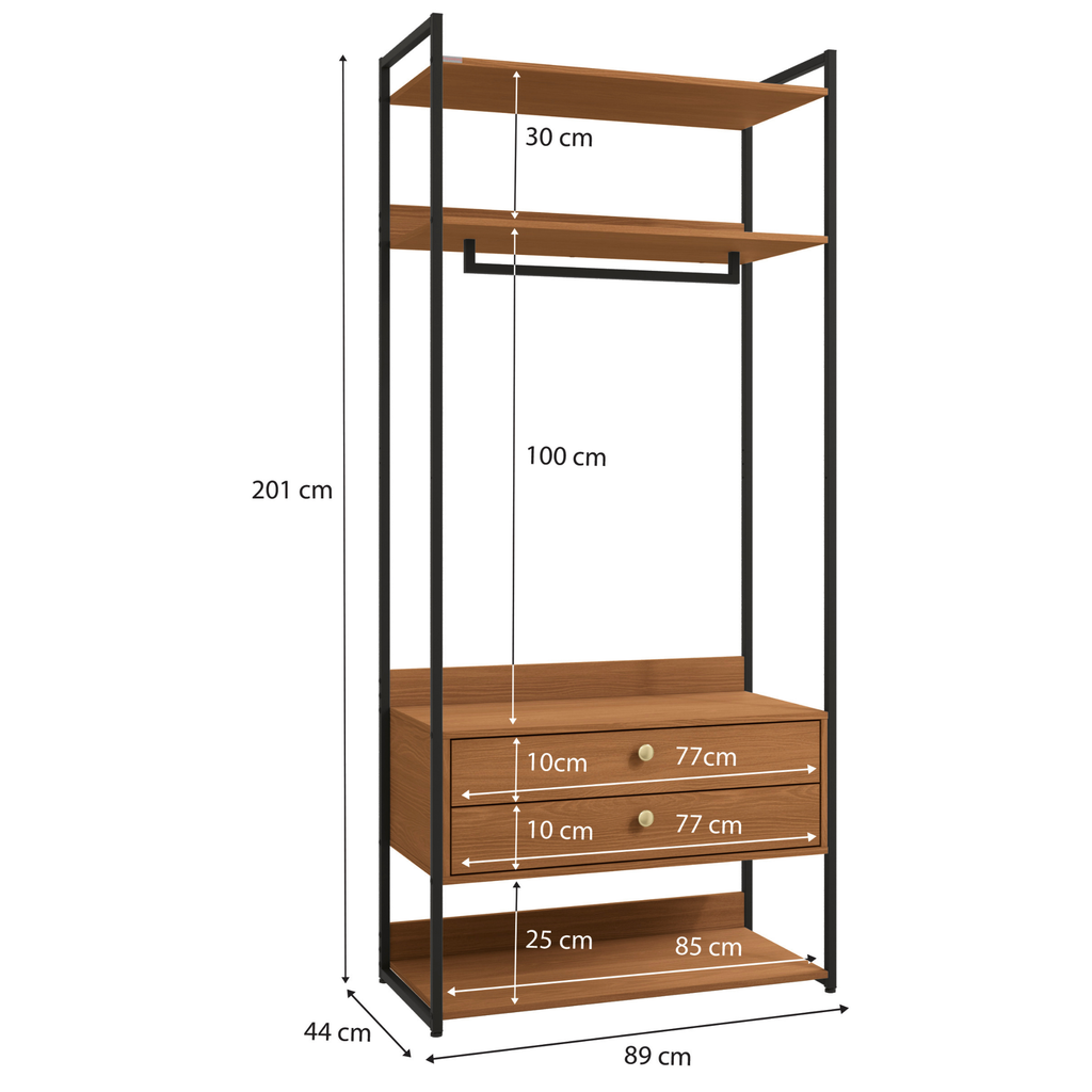 Armário Industrial Closet LI047 Kappesberg 89cm Cabideiro 2 Gavetas Canela e Preto Fosco