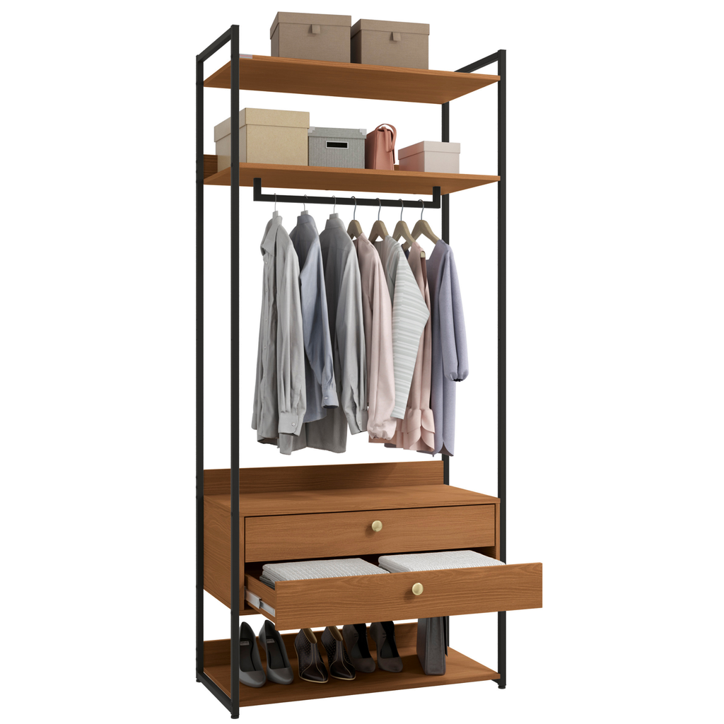 Armário Industrial Closet LI047 Kappesberg 89cm Cabideiro 2 Gavetas Canela e Preto Fosco